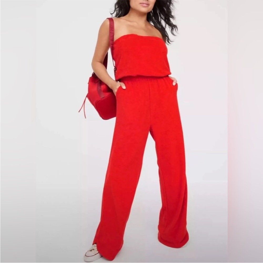 Offline By Aerie Strapless Wide Leg gathered Waist Red Terry Cloth Jumpsuit XL